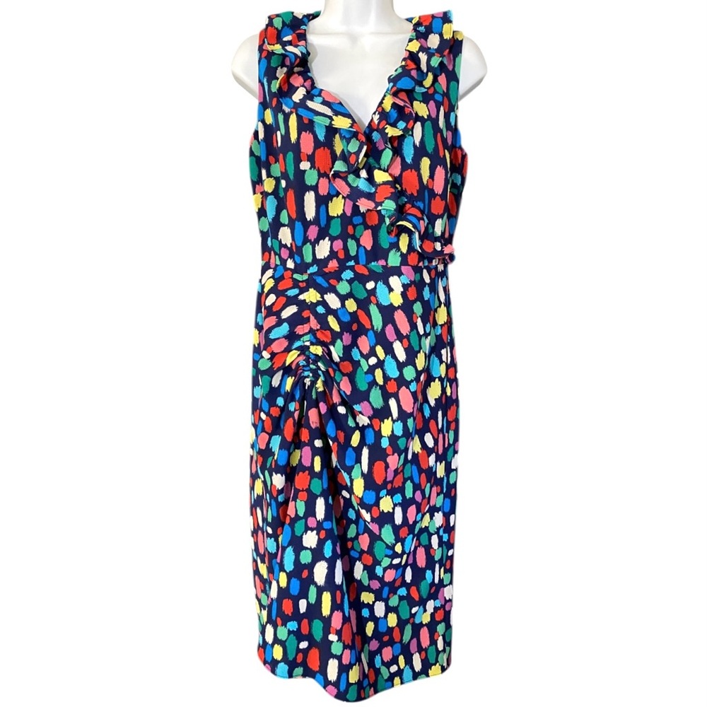 Maggy London Colorful Print Midi Dress 6 Ruched Ruffle V Neck Artsy Cocktail - Picture 3 of 15